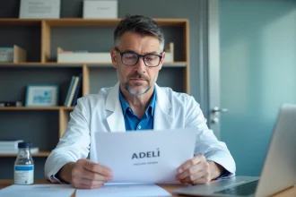 Médecin vérifiant un document avec numéro ADELI dans son bureau