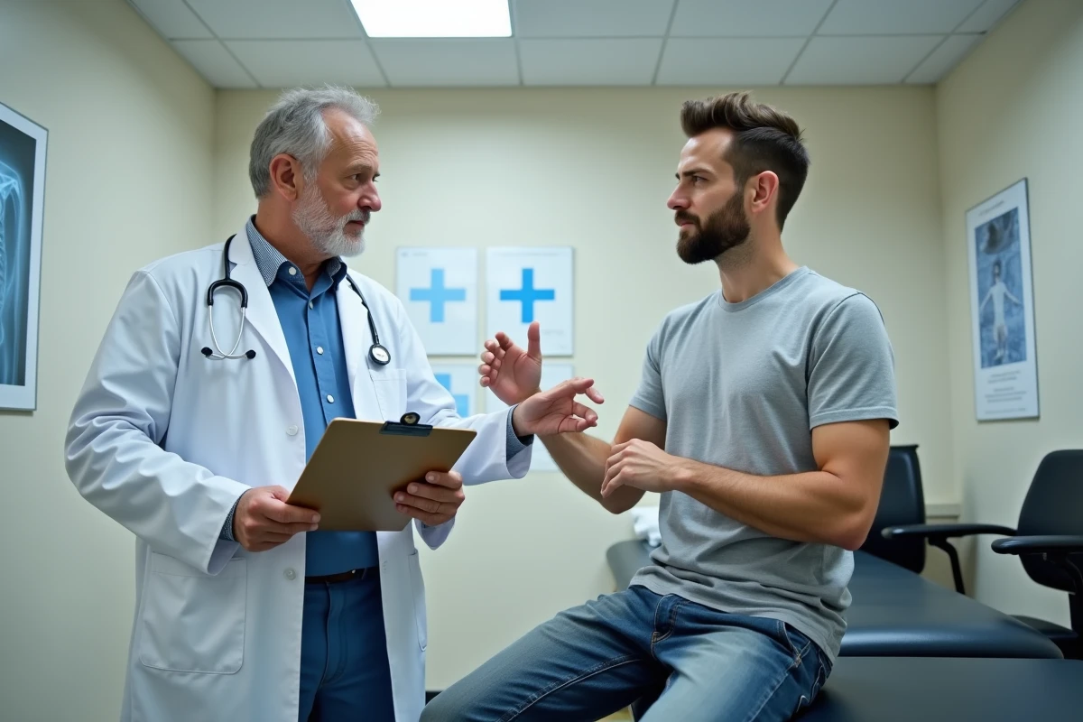 Medecin en blanc écoute un patient dans une salle d