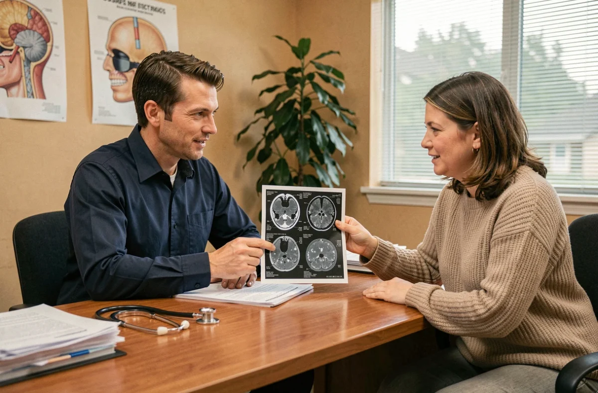 Médecin généraliste expliquant les résultats d'un scanner des sinus à une patiente lors d'une consultation médicale
