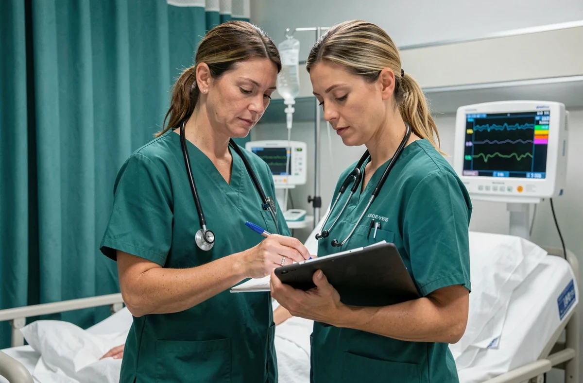 Gynécologue-obstétricienne en blouse chirurgicale consultant un dossier médical sur tablette dans une salle de maternité avec moniteur fœtal