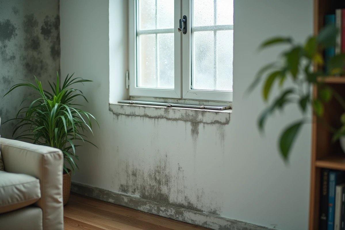 Moisissures sur un mur de salon avec condensation sur fenêtre, signes de mauvaise qualité de l'air intérieur