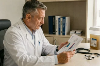 Néphrologue examinant un rapport de laboratoire sur la microalbuminurie dans un cabinet médical moderne