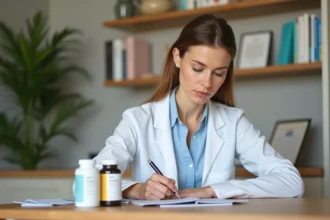 Nutritionniste analysant la composition d'un complément alimentaire Indiva System à son bureau