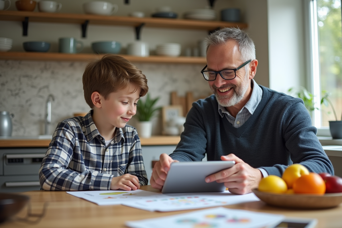 Nutritionniste souriant montrant un tableau alimentaire à un adolescent