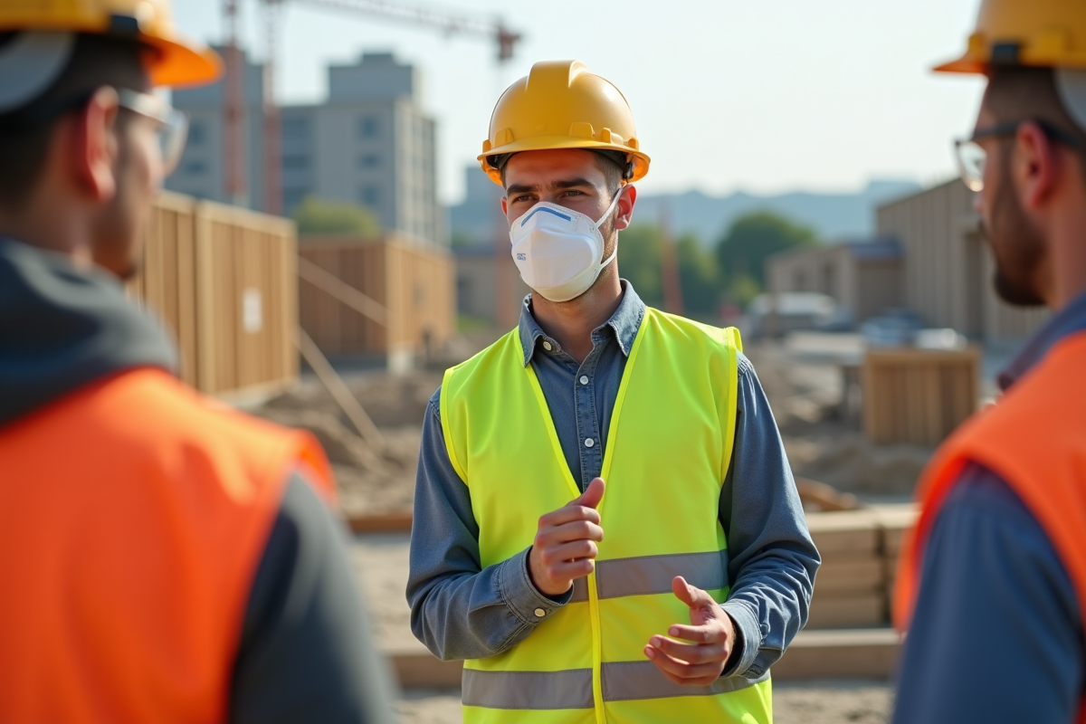 Jeune ouvrier montrant comment porter un masque de protection
