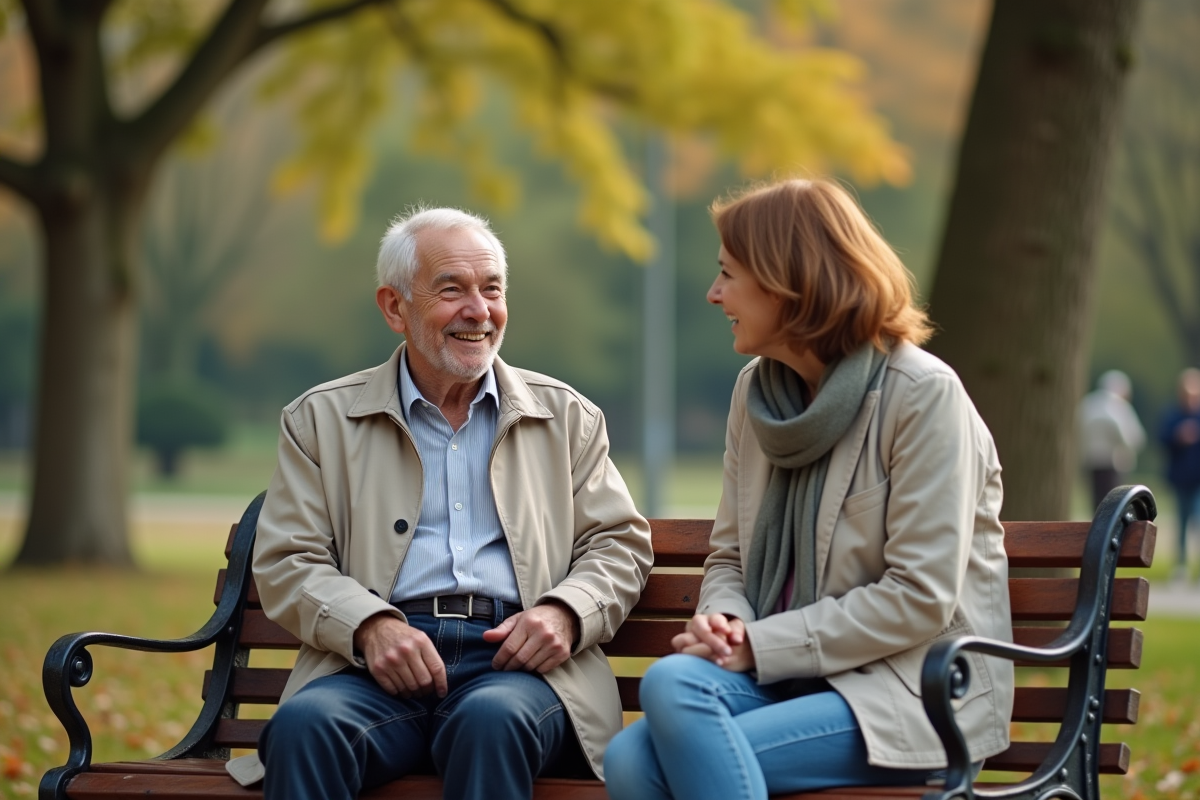 Père et fille discutant dans un parc en automne