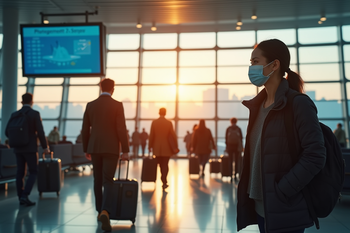 Passagers dans un aéroport portant des masques et gants en 2025