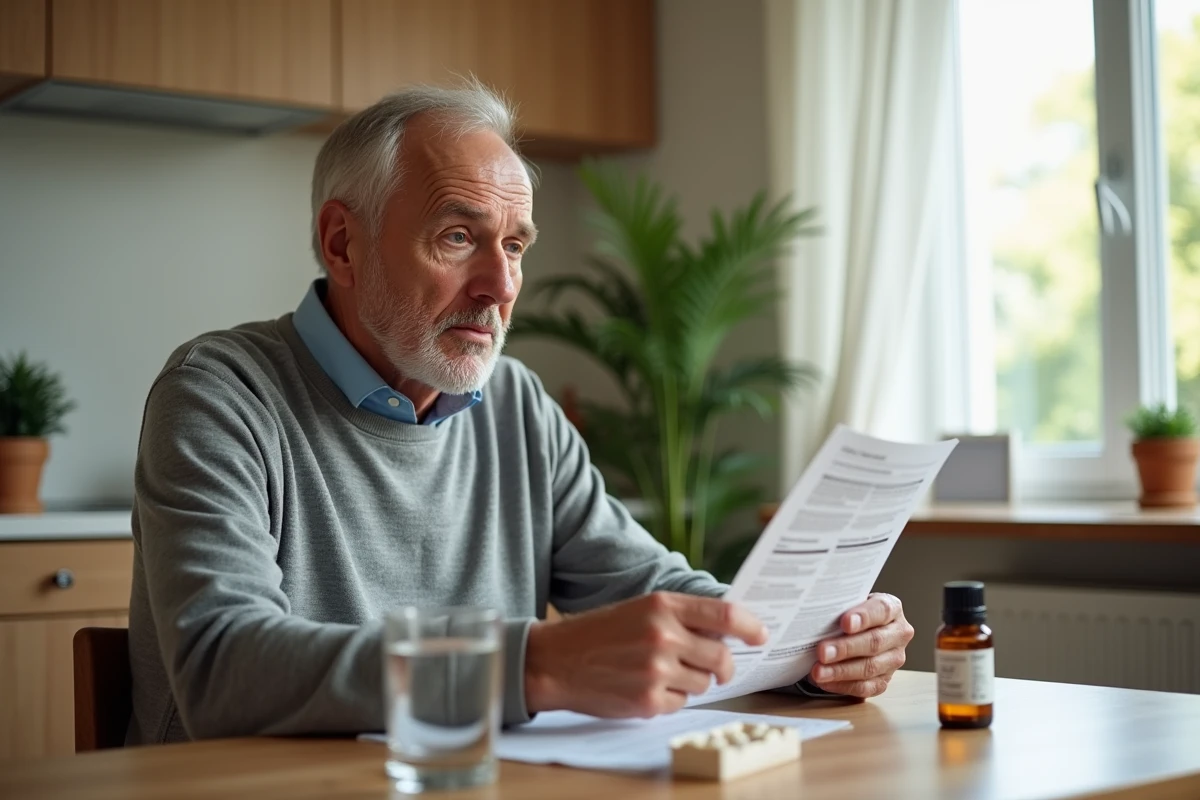 Patient âgé lisant la notice d'un médicament à côté d'un flacon de phytargile concentré sur une table de cuisine