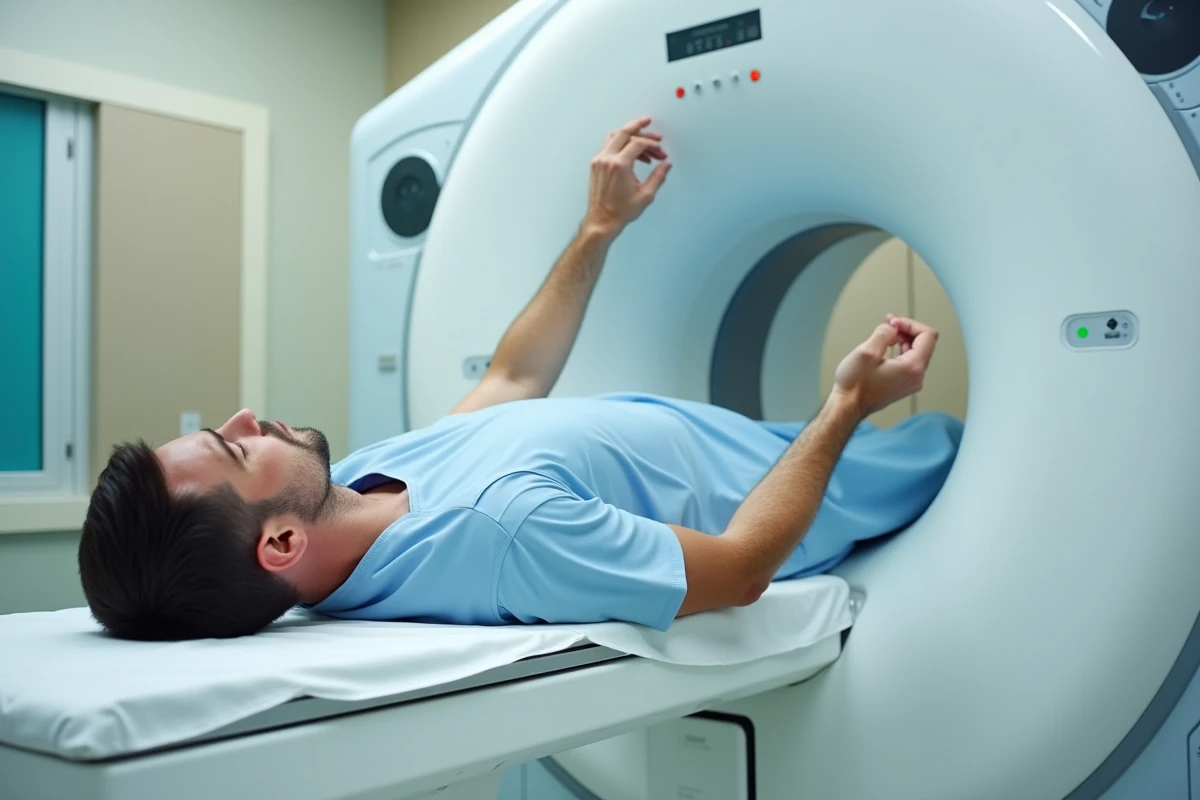 Patient allongé sur la table d'un scanner abdominal avec perfusion de produit de contraste en milieu hospitalier