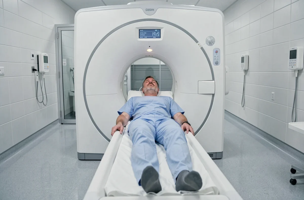 Patient allongé dans un scanner tomodensitométrique lors d'un examen des sinus en milieu hospitalier