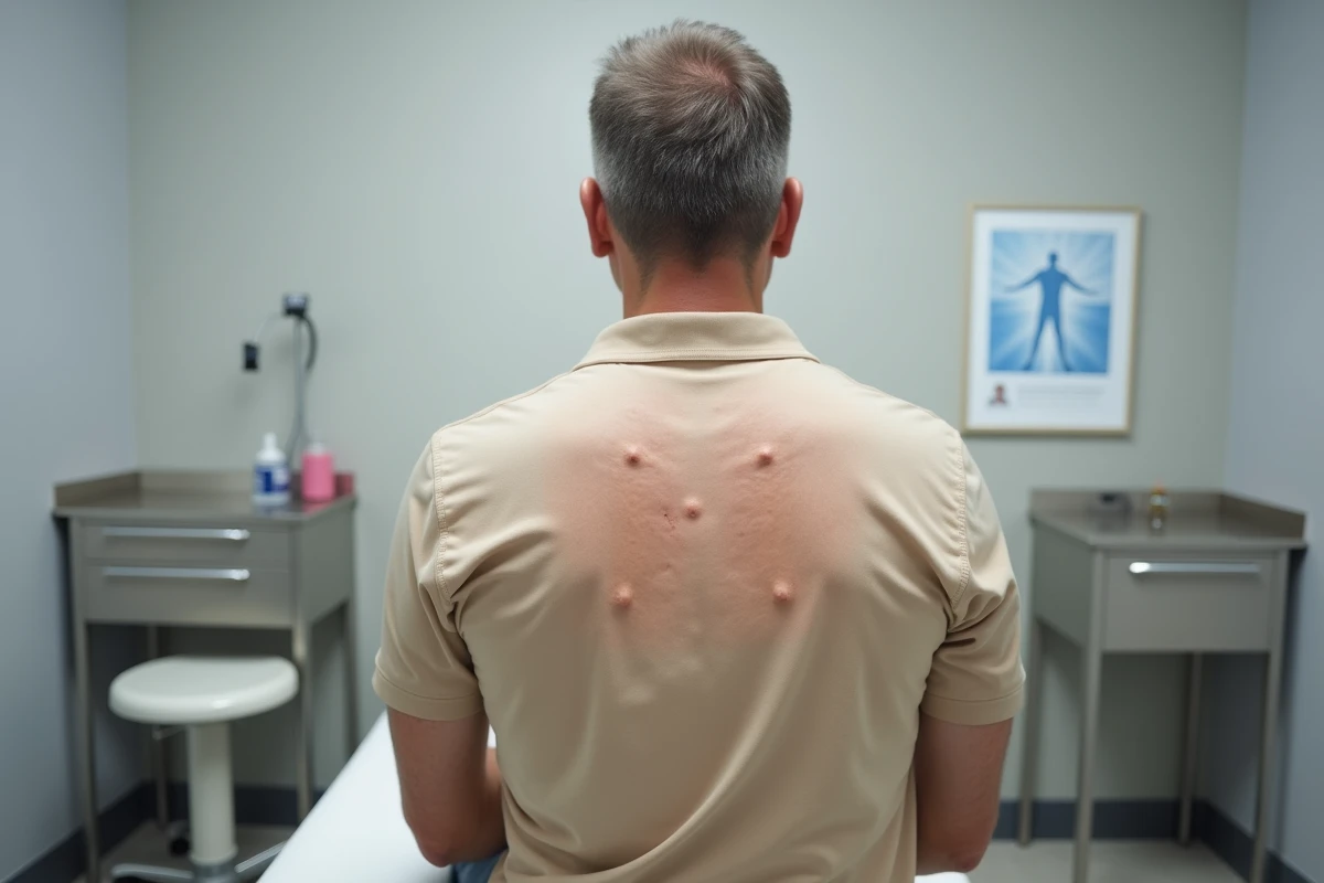 Gros plan sur le dos d'un patient présentant plusieurs verrues séborrhéiques lors d'un examen dermatologique