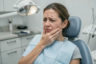 Femme assise dans un fauteuil dentaire tenant sa joue en signe de douleur dentaire, illustrant un arrêt de travail chez le dentiste
