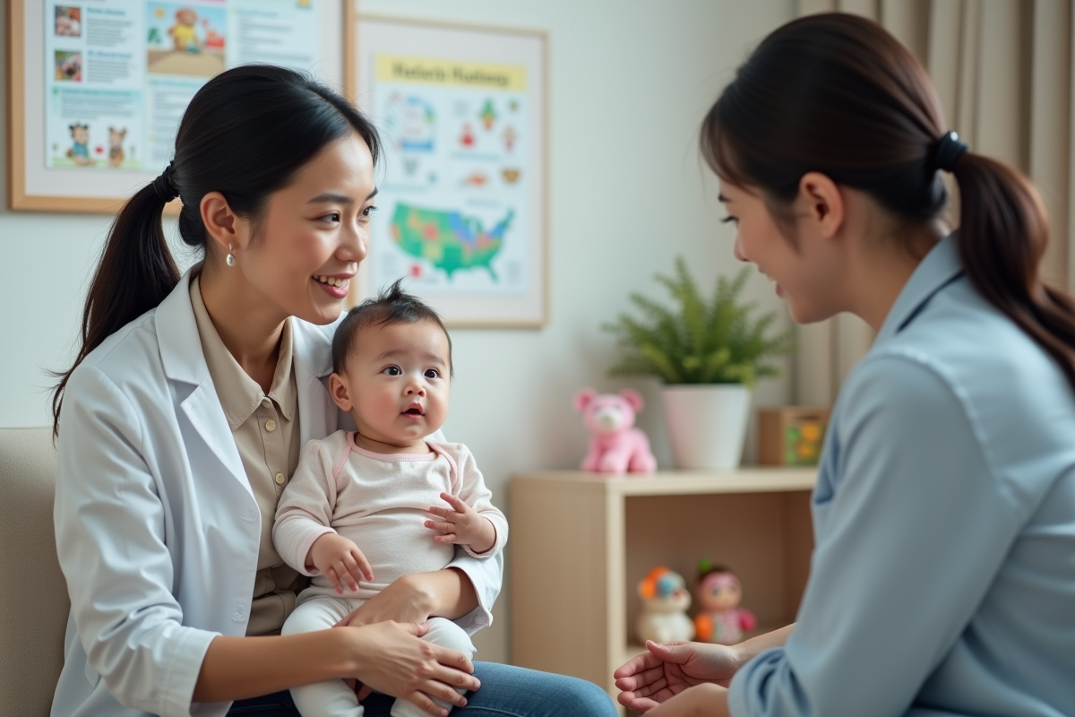 Pédiatre en consultation avec parents et bébé de 3 mois