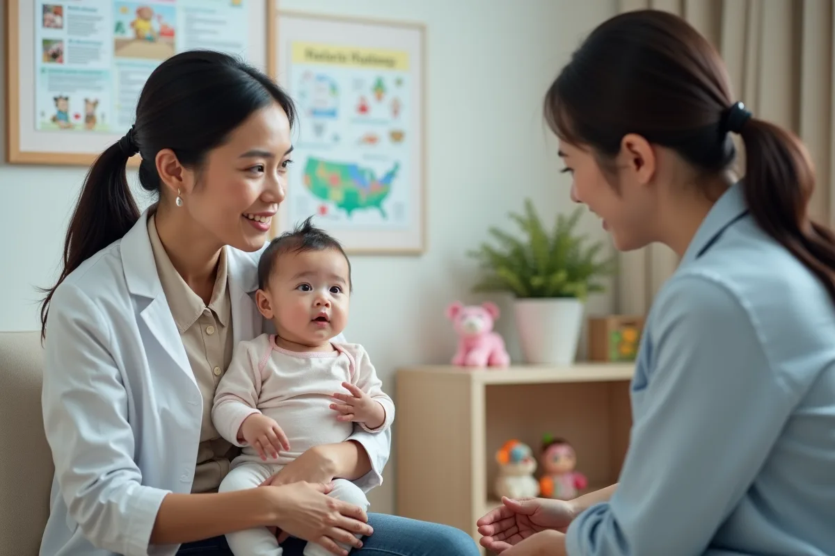 Pédiatre en consultation avec parents et bébé de 3 mois