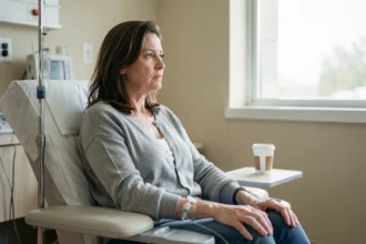 Femme recevant une perfusion de fer en milieu hospitalier, assise dans un fauteuil de soins avec une expression fatiguée mais sereine
