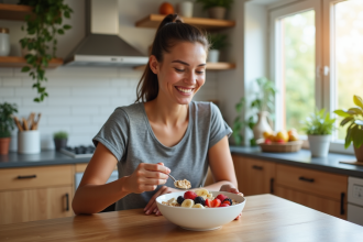 Femme sportive préparant un bol de flocons d'avoine dans une cuisine lumineuse