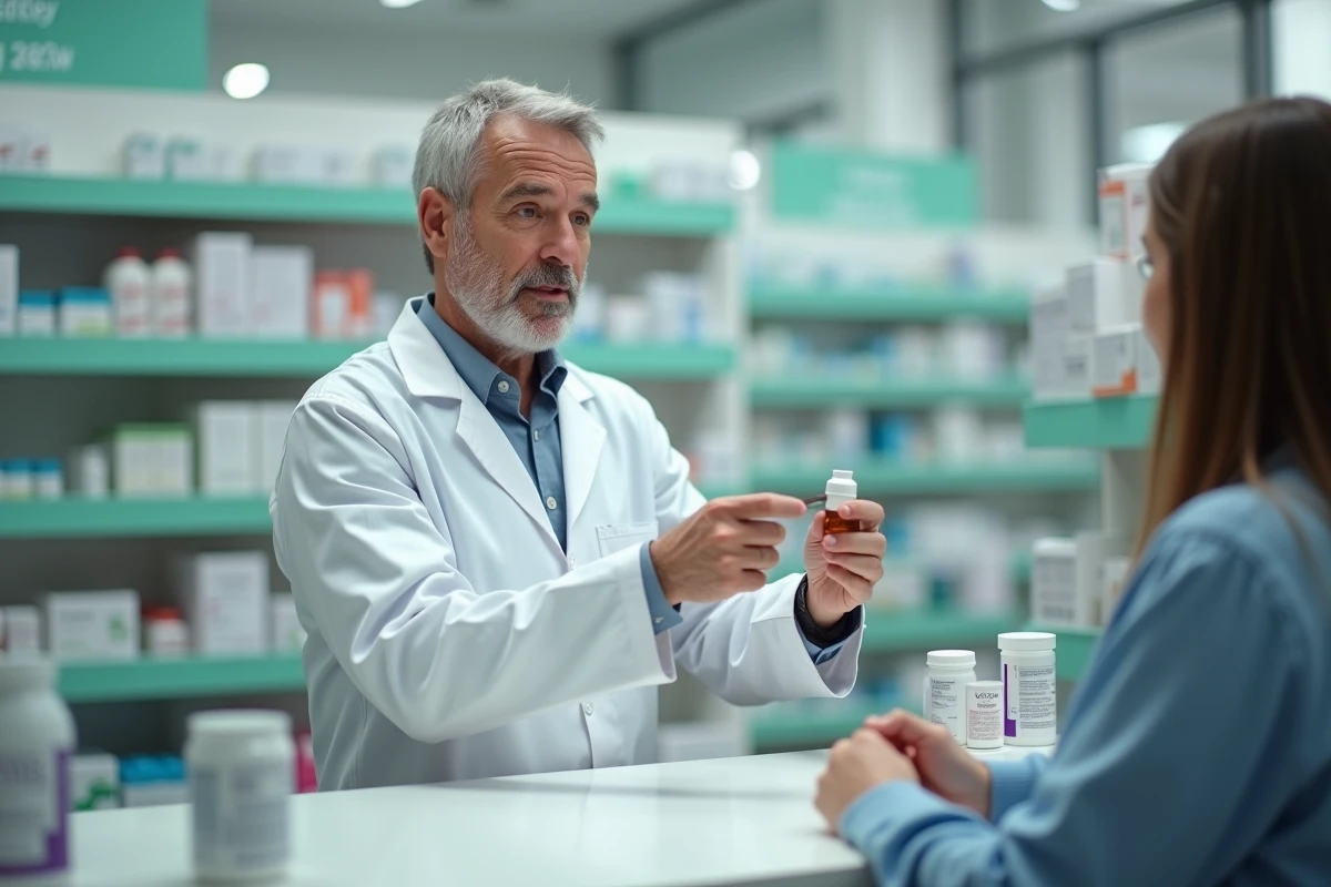 Pharmacien tenant un flacon de médicament et conseillant un patient sur les alternatives aux anti-inflammatoires classiques