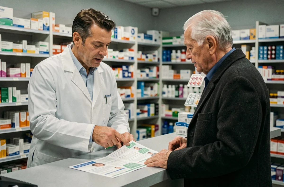 Pharmacien conseillant un patient âgé sur les précautions des remèdes à base de plantes pour l'arthrose
