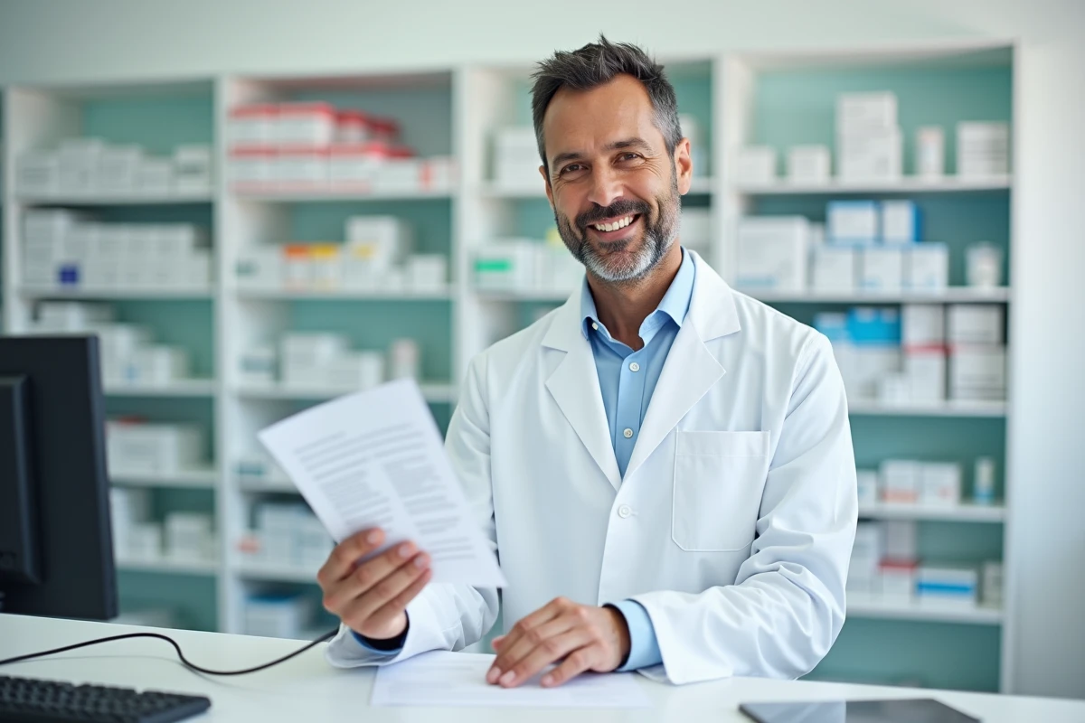 Pharmacien en blouse blanche consultant une notice de médicament au comptoir d'une pharmacie pour informer sur le paracétamol et les risques cardiovasculaires