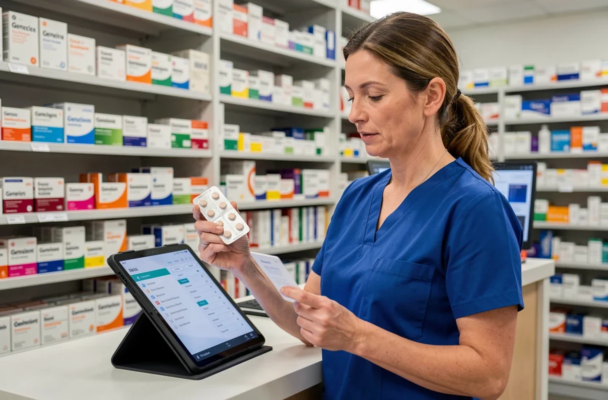 Pharmacienne consultant des données sur les effets médicamenteux liés à la microalbuminurie élevée en pharmacie