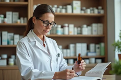 Pharmacienne examinant un concentré de phytargile à côté d'un guide des interactions médicamenteuses en officine