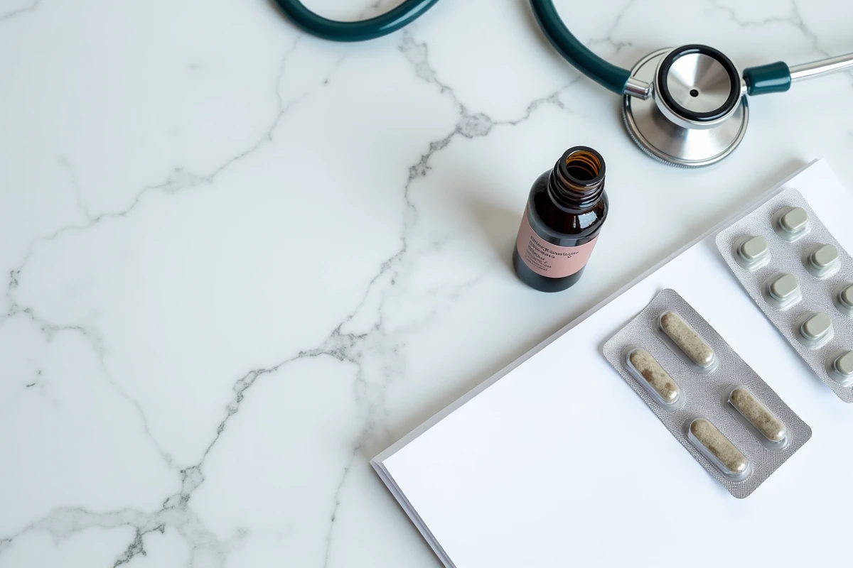 Vue de dessus de flacons de phytargile concentré et médicaments sur ordonnance illustrant les associations à risque