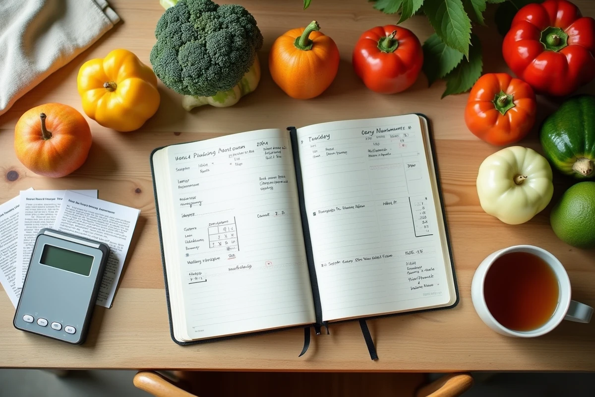 Vue de dessus d'un tableau de planification de repas minceur avec légumes, balance de cuisine et carnet de budget alimentaire