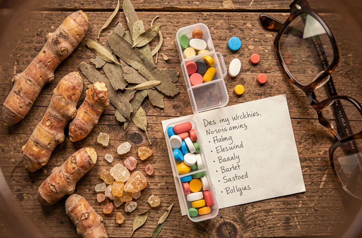 Plantes médicinales pour l'arthrose disposées à côté d'un pilulier et d'une note rappelant les interactions médicamenteuses