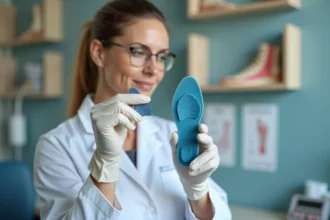 Podologue examinant une semelle orthopédique thermoformée pour pied plat dans un cabinet médical