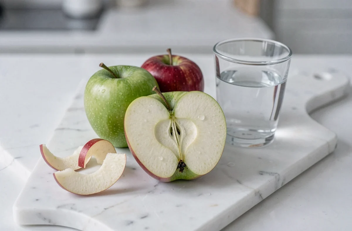 Pommes vertes et rouges coupées en deux sur une planche en marbre blanc, mettant en valeur les fibres alimentaires pour la digestion et la constipation
