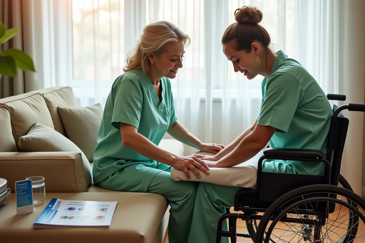 Aide-soignante montrant à un patient en fauteuil roulant comment prévenir les escarres fessiers grâce à un coussin anti-escarres