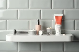 Produits de rasage disposés sur une étagère de salle de bain : rasoir, crème à raser et gel apaisant pour prévenir les poils incarnés