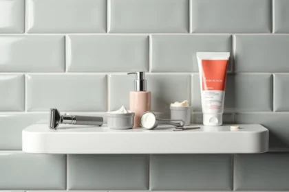 Produits de rasage disposés sur une étagère de salle de bain : rasoir, crème à raser et gel apaisant pour prévenir les poils incarnés