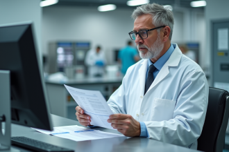 Homme en blouse blanche examine un rapport PIR en laboratoire