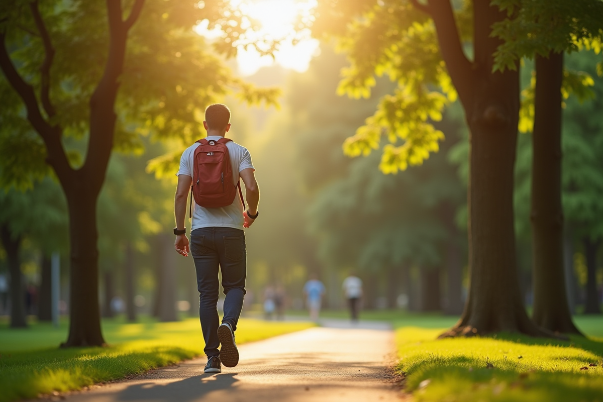 Personne marchant dans un parc urbain ensoleille avec montre connectee