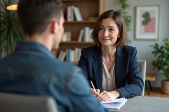 Psychologue femme en séance avec un jeune homme dans un bureau moderne