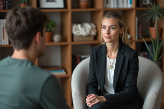 Psychologue femme attentive en séance avec une cliente