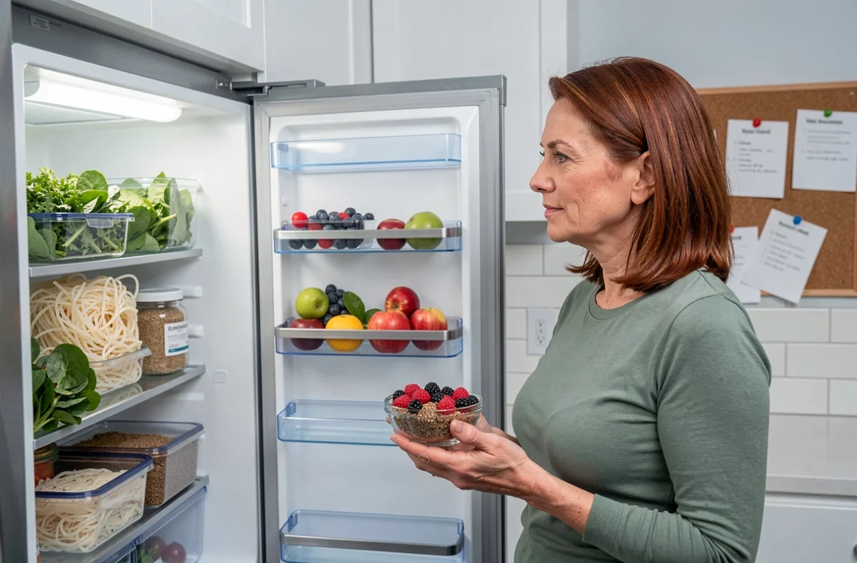 Femme planifiant son rééquilibrage alimentaire devant un réfrigérateur organisé avec des aliments coupe-faim naturels