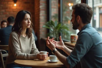 Femme épuisée écoutant un homme dominant la conversation dans un café, illustrant une relation avec un pompeur d'énergie