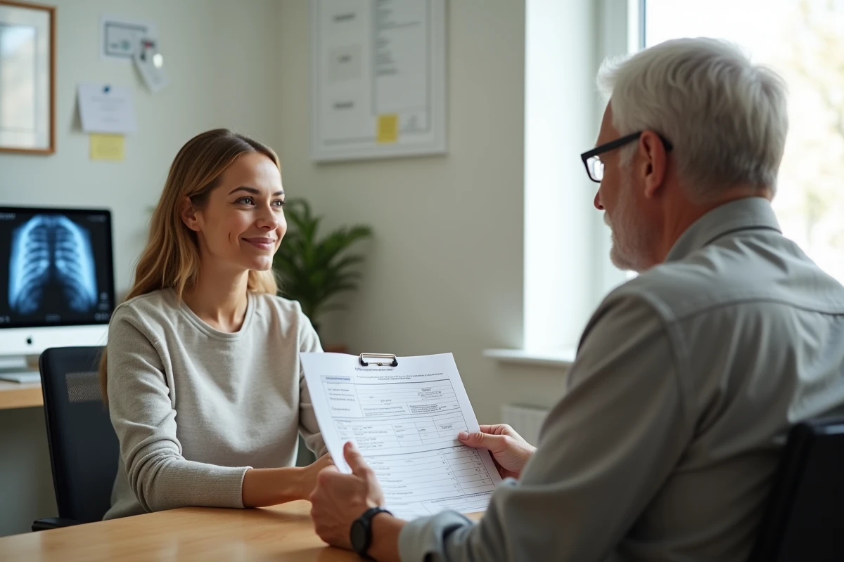 Femme patient et médecin généraliste discutant du remboursement d'un scanner abdominal en cabinet médical