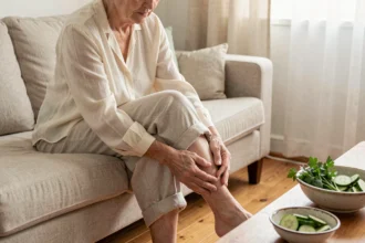 Femme âgée massant sa jambe gonflée avec un remède de grand-mère à base de plantes fraîches sur une table basse