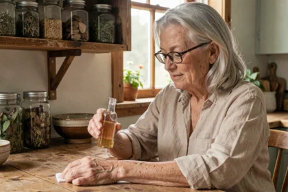Femme âgée appliquant un remède de grand-mère au vinaigre de cidre sur une verrue séborrhéique à domicile