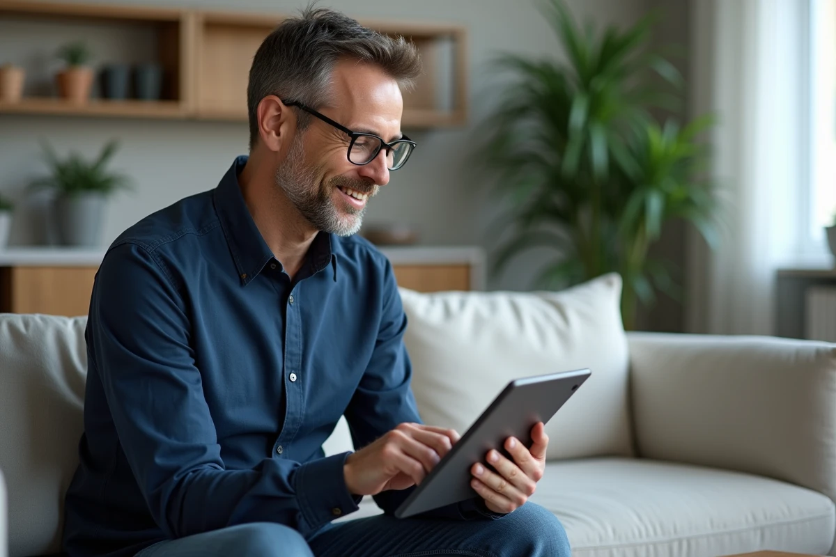 Homme consultant les options de renouvellement de son abonnement à Psychologie Positive sur une tablette dans un salon moderne