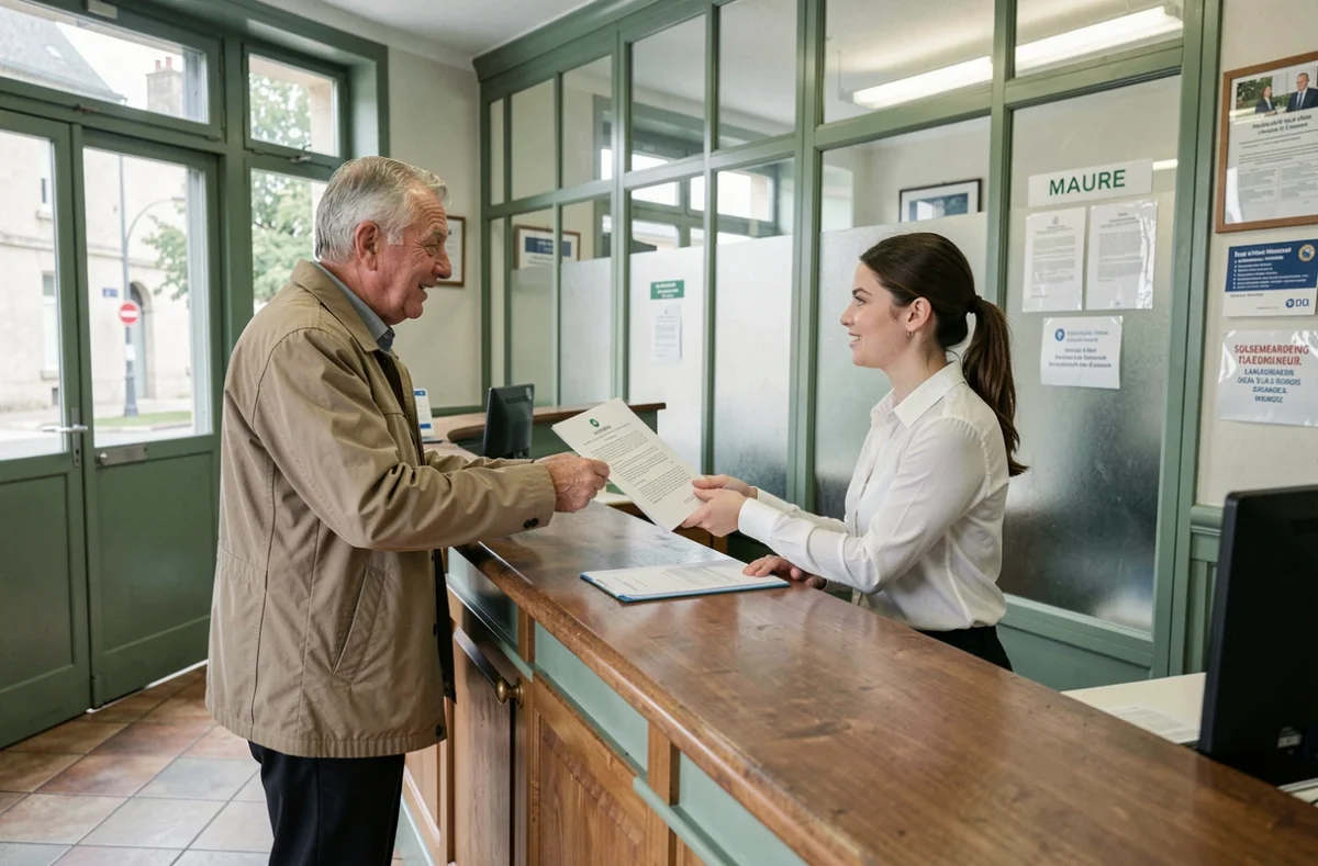 Homme retirant un dossier MDPH au guichet de sa mairie auprès d'une agente administrative