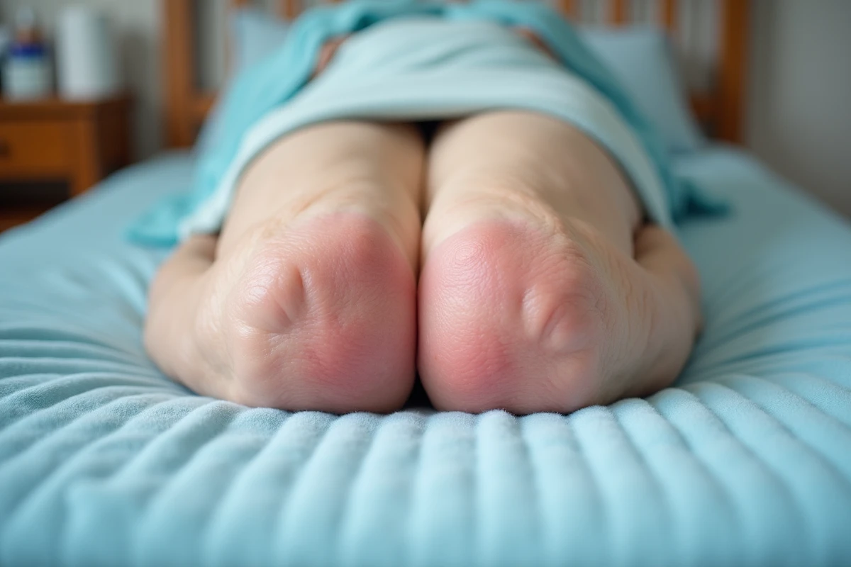 Gros plan sur une rougeur cutanée au niveau du coccyx révélant un début d'escarre fessier chez une personne âgée