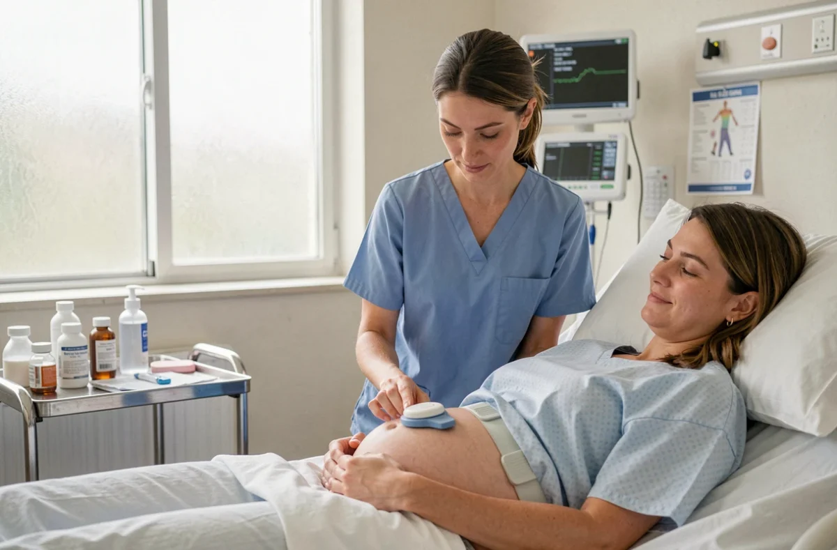 Sage-femme posant une ceinture de monitoring fœtal sur le ventre d'une femme enceinte allongée dans un lit de maternité, interaction bienveillante entre patiente et soignante