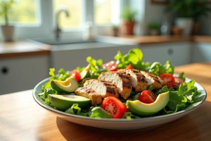 Salade colorée avec poulet grillé avocat et légumes frais