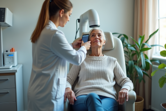 Femme d'âge moyen lors d'une séance de TMS dans une clinique