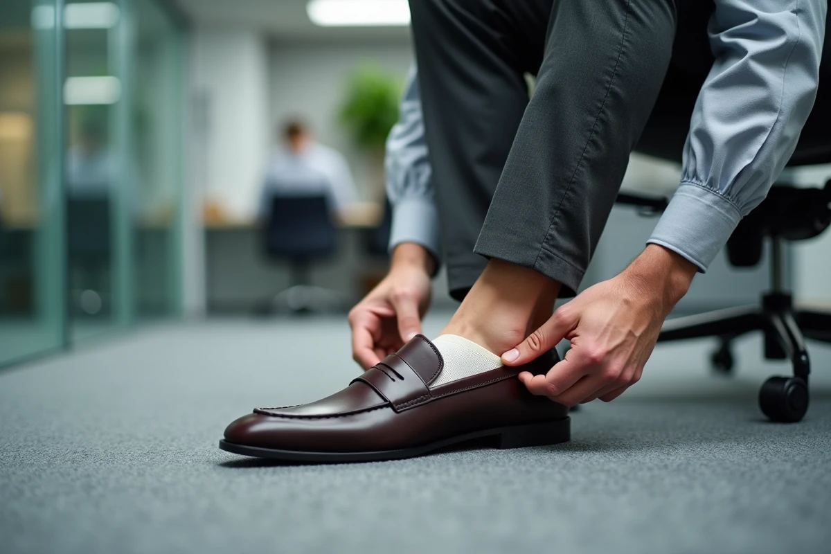 Homme insérant une semelle orthopédique fine pour épine calcanéenne dans un mocassin marron en cuir dans un bureau moderne