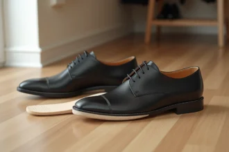 Semelle orthopédique discrète pour épine calcanéenne posée à côté de chaussures de ville Oxford noires sur parquet en bois